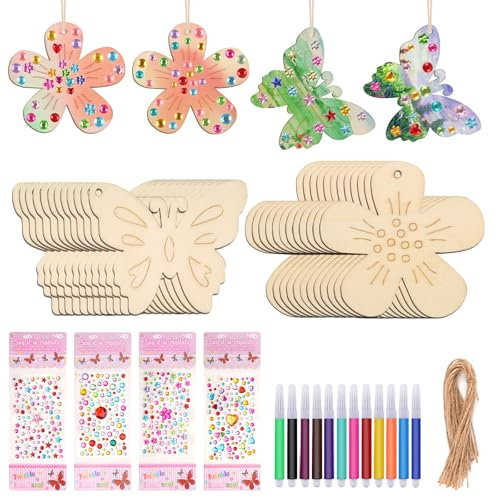 Hopton 40 Stück Bastelset Kindergeburtstag Schmetterling und Blume mit Aquarellstift & Edelsteinaufkleber Geschenkideen für Mädchen Spielzeug für DIY Handwerk, Kindergeburtstag