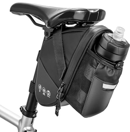 Bike Seat Bag, Bicycle Saddle Bag Under Seat Cycling Seat Pack with Water Bottle Holder for Mountain Road Bikes Black