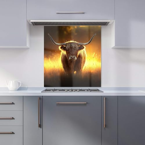 Warren Reed - Designer Premium Highland Cow Sunset Kitchen Splashback 6mm Toughened Glass Kitchen Splashback – Heat Resistant Splashback for Kitchens, Perfect for Cookers and Hobs, Polished Edges