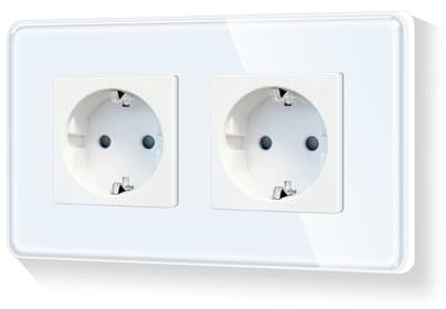 LIAONFOY Runde Schuko Doppelt Steckdose Unterputz 2 Fach Wandsteckdose Weiße mit Glasrahmen 16Amp 110-250V 157mm