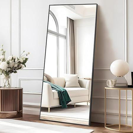 COFENY Ganzkörperspiegel, 179× 65 cm Spiegel Groß mit Aluminiumrahmen,Standspiegel zum Stehen, Anlehnen oder Hängen, Spiegel Ganzkörper für Schlafzimmer, Wohnzimmer,Schwarz