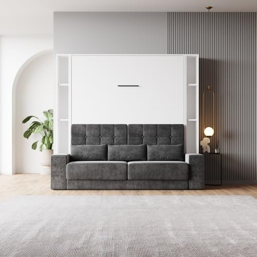 SMARTBett Wohnwand Set mit Schrankbett Weiss M1 160x200 + 2 Standregale inkl.LED mit Sofa