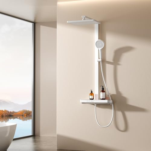 EMKE Duschsystem mit Thermostat – 36 x 24 cm Regendusche mit Armatur, Duschsystem mit 40 cm Glasablage & Handbrause (4 Strahlarten), höhenverstellbar, Weiß Matt, ohne LED-Digitalanzeige