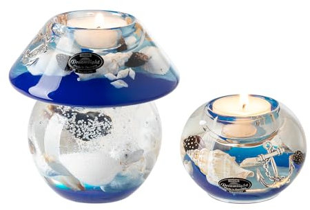 Dreamlight Teelichthalter Deko - 2er Set Traumlight Teelichter Glas Maritime Deko Ocean Muschel Anker Dekoration Maritim - Höhe 6/11 cm