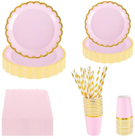 PHUNAT Juego de vajilla rosa para 25 invitados – 125 platos de papel de aluminio dorado con forma de flor, tazas, servilletas y pajitas – Suministros de fiesta rosa para cumpleaños, picnic, boda, baby