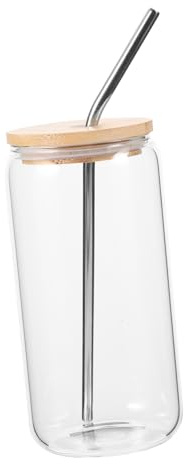 GLEAVI Glasbecher mit Bambusdeckel und Strohhalm 500ml im 1 Stück | Getränke und Joghurt, Flacher Boden in Dosenform, aus Glas mit Deckel und Strohhalm