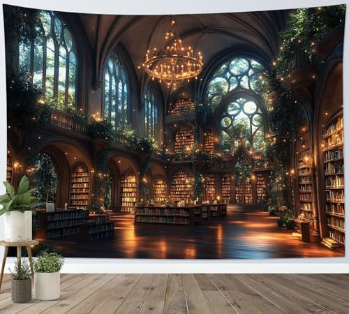 LB Wandteppich Magische Bibliothek Wandtuch Grüne Pflanzen Braunes Bücherregal Wandbehang Wald aus dem Fenster Tapisserie für Wohnzimmer Schlafzimmer Wohnheim Wanddeko,200x150cm