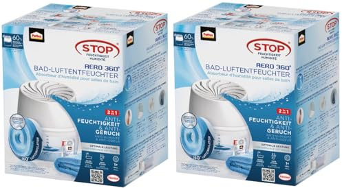 Pattex AERO 360° Luftentfeuchter für das Badezimmer, Raumentfeuchter für effektive Luftzirkulation, Raumluftentfeuchter reduziert überschüssige Feuchtigkeit, 2x 1 Gerät inkl. 1 Nachfüll Tab