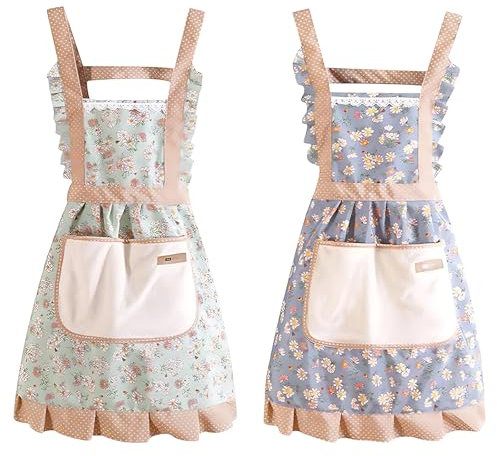 JazRvr 2 Stück Schürzen, Schürze mit Taschen, Verstellbare Kochschürze Damen, Küchenschürze Mama, Koch schürze Für Kochen, Backen, Restaurant, Café, Haus(Grün Und Blau)