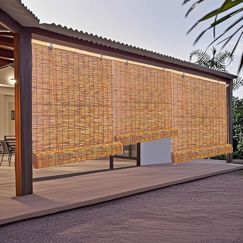 Natur Bambus Rollo UV-Block Für Aussenbereich Balkon 35 40 55 60 75 80 100 120 135 140 155 160 cm, Wetterfest Bambusrollo Raffrollos, Terrasse Lichtfilter Jalousine Vorhang Seitenzugrollo(W160cm x H17