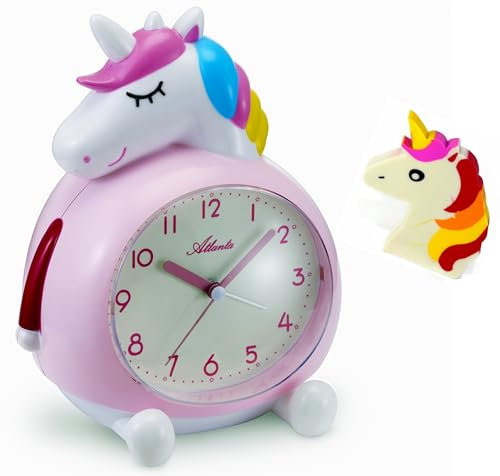 Atlanta Kinderwecker ohne Ticken mit Musik + Radiergummi Einhorn - 2163/17 Rad (Rosa)