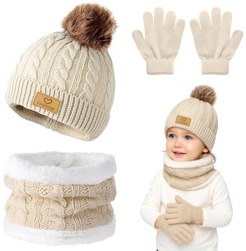 Winmany 3PCS Kinder Winter Mützen Handschuhe Schal Set Kleinkind Fleece Halswärmer Beanie Mütze mit Pom Strick Fäustlinge Set für Mädchen Junge