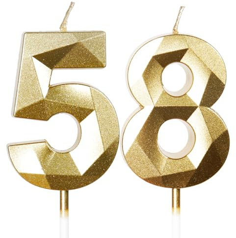 Yiran 58th Birthday Candles, Gold Number 58 Happy Birthday Candles, Cake Topper Decorations for Birthday Party, Wedding Anniversary Celebration Supply