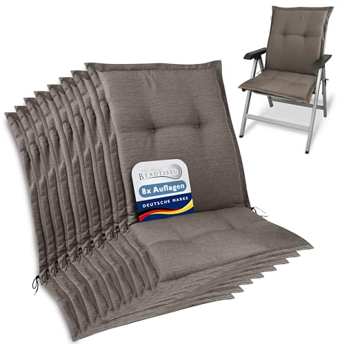 Beautissu 8er Set Premium Gartenstuhlauflage Niedriglehner Sitzkissen Stoff | 105x50x7cm Taupe Polster Auflage Niederlehner Gartenstuhl robuster UV-Lichtechtheit Auflagen Gartenpolster HighLux NL