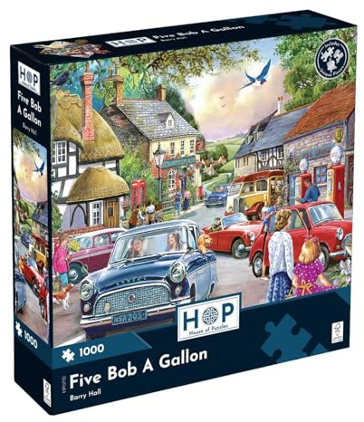 The House of Puzzles Five Bob a Gallon, 1000 Piece Jigsaw | Village Theme, Classic Car & Shop Details, Artist Illustrated, Eco Friendly Board, Deluxe Puzzle Gift for Adults & Kids