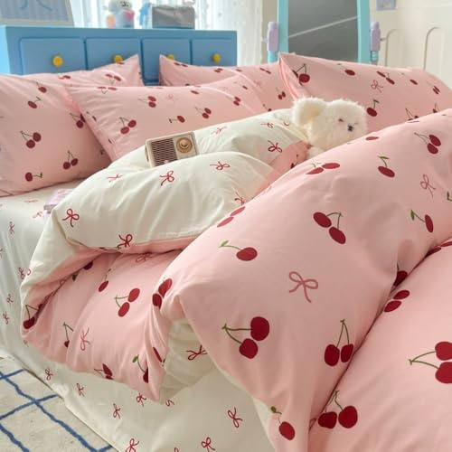 Bettwäsche 135x200 Mädchen Rosa Rot Kirschen Schleifen Wendebettwäsche Set | Bettbezug,Beige,Schleifenmuster,ÖKO-TEX,Microfaser,Deckenbezug,Aesthetic,Einzelbett,Kissenbezug 80x80,Reißverschluss,2teilig