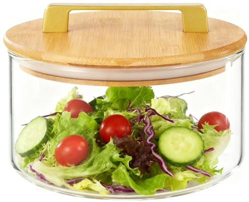 SWEWARM Classic Large Glass Salad Bowl with Wooden Lid & Handle (21cm x 13cm) – Transparent Serving Dish for Kitchen, Parties, Picnics & Everyday Use