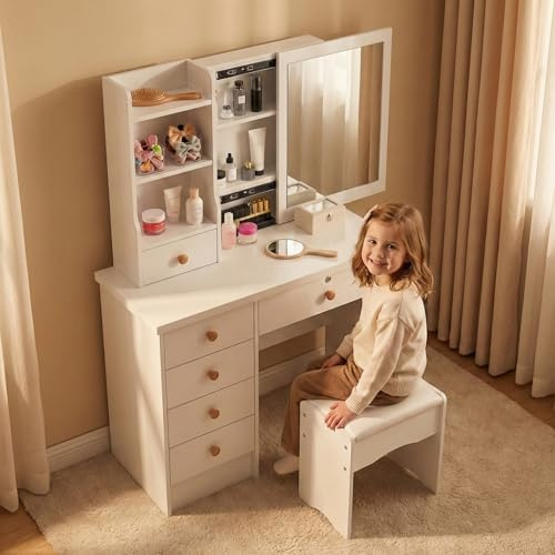 joukares Dressing Table, Vanity Desk with Mirror No Light, Storage Shelves and Stool, Makeup Table for Bedroom, Modern Makeup Desk with Chair and Storage for Girls Rooms (White)
