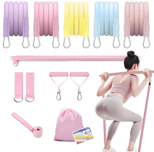 Pilates-Stange & Fitnessband Set 12-in-1, 20-125 LBS Widerstand, 5-Stufen Multitube System mit Türanker & Fußgurten, Heimstudio Krafttraining für Beine, Po, Arme & Bauch