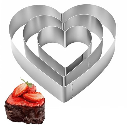 Eulihent 3 Stück Tortenring Herzform aus Edelstahl 10/15/20 cm Backring Set Backrahmen Herz Kuchenform Herzbackform für Tortendeko Schichtkuchen Mousse Gebäck Dessert Kekse