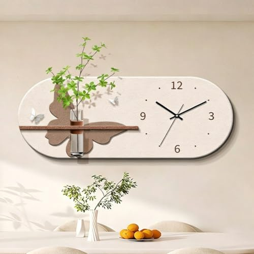 Modern 3D LED sandstens väggkonst med tyst klocka, vattenförrådsvas för gröna växter, kreativ dekor för matsal och vardagsrum(C,70 * 28cm/27.5 * 11.0in)