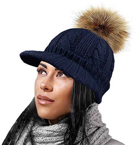 RockJock Damen warme Fleece gefüttert gestrickte Schirmmütze Baseballmütze mit abnehmbarem Kunstpelz pom mit oder ohne POM- tragen
