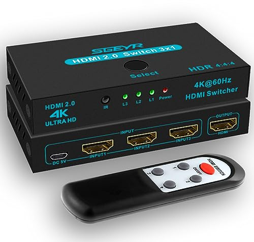 SGEYR Switch HDMI 4K@60Hz HDR, 3 Puertos Con Control Remoto, 3 Entradas 1 Salida, Splitter Con Alimentador, Conmutador 3D 4K, 1080P UHD, Para PS4, HDTV, Xbox