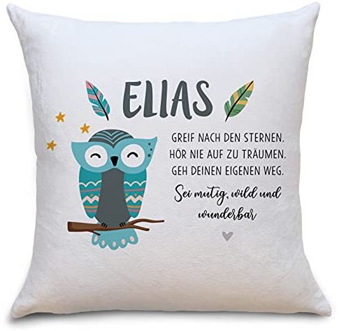 OWLBOOK Eule Boho Flauschige Kissenhülle mit Spruch Personalisiert mit Namen Geschenke Geschenkideen für Jungs Jungen zum Geburtstag Geburt Baby Kind