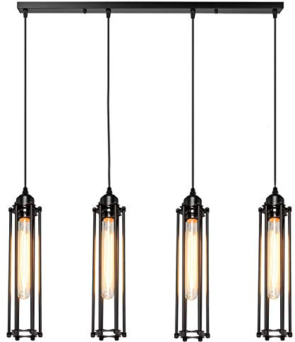 Hängeleuchte/Hängeleuchte im Vintage-Stil, 4-flammig, schwarz, langer Draht, Käfig-Lampenschirme für Kneipen, Restaurants, Bar