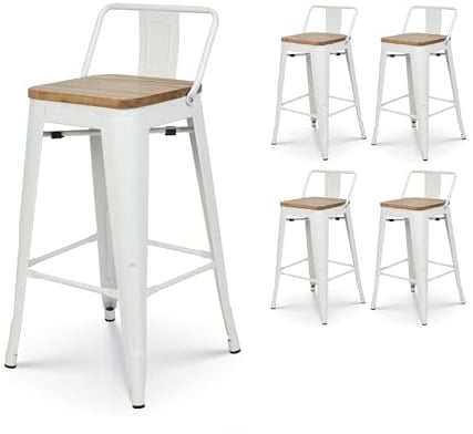 Kosmi - Lot de 4 tabourets en métal Blanc Mat Style Industriel avec Dossier et Assise en Bois Clair - Hauteur 66cm
