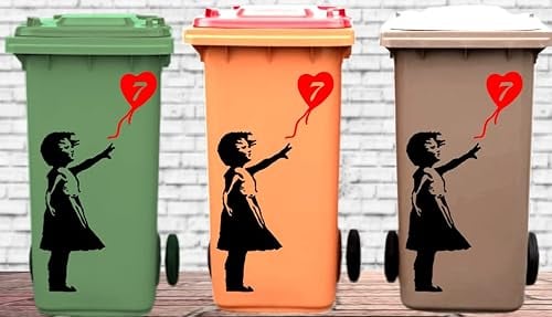 3 x Wheelie Bin Decals Banksy Girl with Balloon Graffiti Style Vinyl Customised House Number DIY
