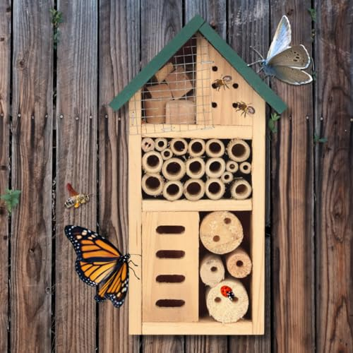 Garden Mile Insektenhaus aus Holz mit grünem Dach, Käferhotel aus Naturholz für den Garten, Nistplatz für Bienen, Marienkäfer, Schmetterlinge und mehr, umweltfreundlich, zur Wandmontage