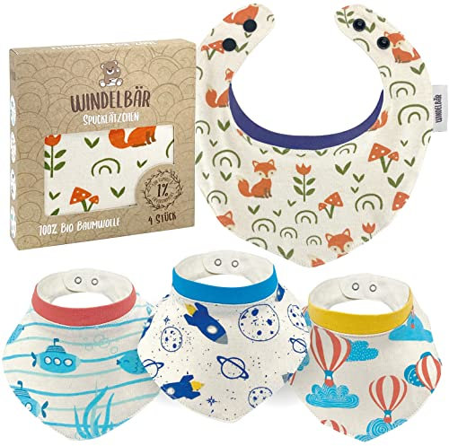 Windelbär Lätzchen – größenverstellbare Baby Lätzchen, aus 100% Bio Musselin-Baumwolle, GOTS & ÖKOTEX zertifiziert, Baby Erstausstattung, 4er Set