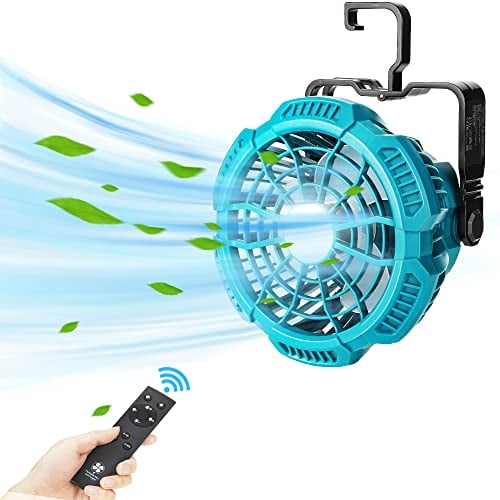 YEX-BUR Akku-Lüfter 18 V Akku-Ventilator für Makita 14,4–18 V Lithium-Akku Tragbarer Camping-Ventilator mit 9 W 300 Lumen Licht, Fernbedienung, Aufhängehaken, 4-Stunden-Timer