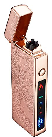 Personnalisé Briquet Électrique Indicateur de Batterie Briquet USB Plasma Rechargeable Coupe-Vent & sans Flamme, Briquet Double Arc avec Indicateur de Batterie pour Bougies/Grill (Doré Dragon)