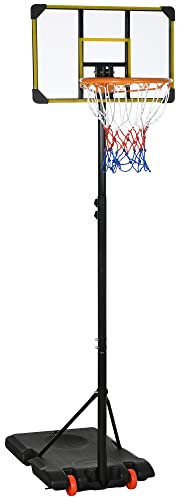 SPORTNOW Canasta de Baloncesto Altura Ajustable 178-208 cm con Ruedas Aro de Baloncesto para Niños de +6 Años con Base Rellenable para Exterior 75x56x210-240 cm Amarillo y Negro