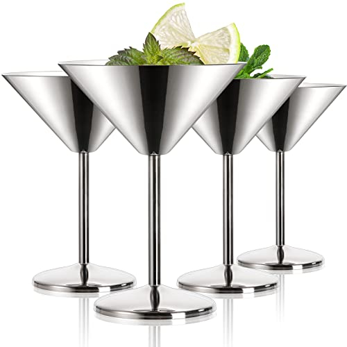 Peohud 4 Pack Stainless Steel Martini Glasses, 8 Oz Unbreakable Cocktail Glasses, Silver Martini Glass for Margarita, Manhattan, Champagne, Bar, Party, 18/8 Mirror Polished Finish, Shatterproof
