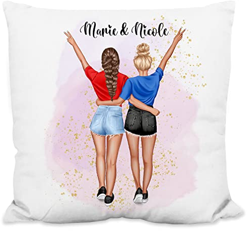 Kissen für Beste Freundin „Freundinnen im Sommerlook“ – 40x40cm, inkl. Kissen-Füllung - personalisiert mit Namen & Aussehen - BFF Best Friends – Geschenk Geburtstag (Strukturiert)
