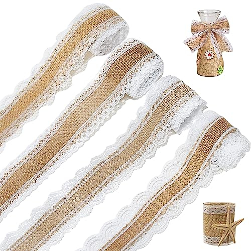 4 Rollen Juteband mit Spitze, Juteband Vintage Spitzenband, Natürlich Dekoration, Spitzenbordüre Dekoband Rolle für Geschenkverpackung Hochzeit DIY Basteln Hausdeko