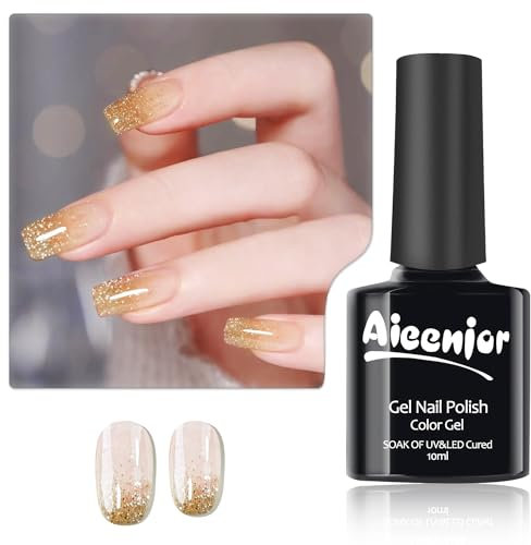 Aieenjor Vernis Semi Permanent Pailleté, Vernis Doré UV LED Soak Off Nail Art Kit Vernis Semi Permanent Vernis à Ongles Gold Gel Nail Polish 10ML