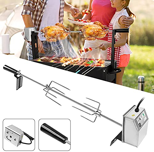 YRHome Spiedino girevole da 117 cm, in acciaio inox con motore, adatto per barbecue a gas con 4 forcelle per carne, manico e motore, girarrosto elettrico, 220 V – 240 V, universale