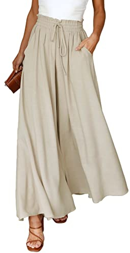 Dokotoo Sommerhose Damen Leicht Palazzo Hose Elegant Sommer High Waist Baggy Leinenhose Freizeithose Baumwolle Leinen Weite Hosen mit Taschen Kordelzug Elastisch Einfarbig Stoffhose Beige S