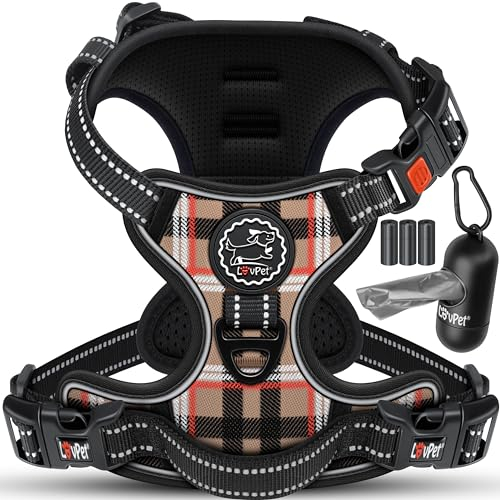 LOVPET® Hundegeschirr ohne Zug & Würgen für kleine Hunde & Welpen atmungsaktiv & weich Brustgeschirr reflektierend | No-Pull-Geschirr inkl.Beutelrollen | Verstellbares Geschirr mit Griff Beige - S