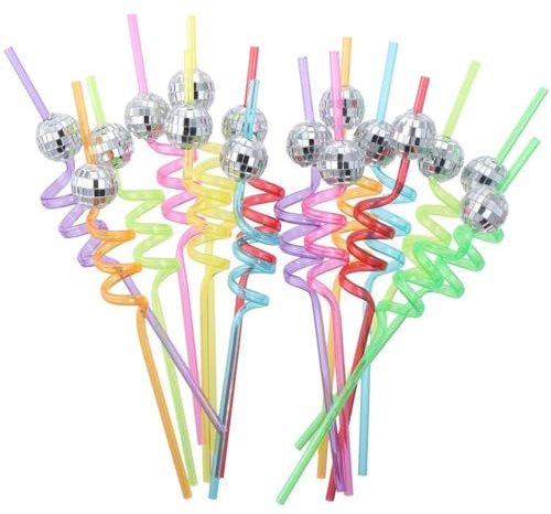 iuniq 16 Pack Disco Ball Straws Mirror 70s Disco Decorative Straws for Disco Party Dance Wedding Birthday Supplies