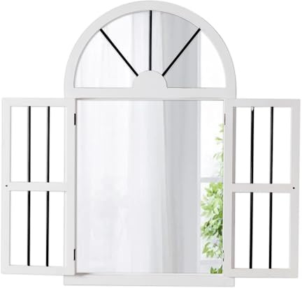 Sintosin Farmhouse Arched Window Mirrors for Wall Decor Living Room 25 x 42 Inch, Hanging Distressed White Rustic Cathedral Window Pane Mirror, Wall Mirrors Decorative with Shutters for Bedroom