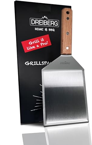 DREIBERG® Spatule pour barbecue en acier inoxydable avec manche en bois de hêtre – Spatule pour barbecue Smash Burger et pour griller sur teppanyaki, plaque de cuisson ou barbecue à gaz