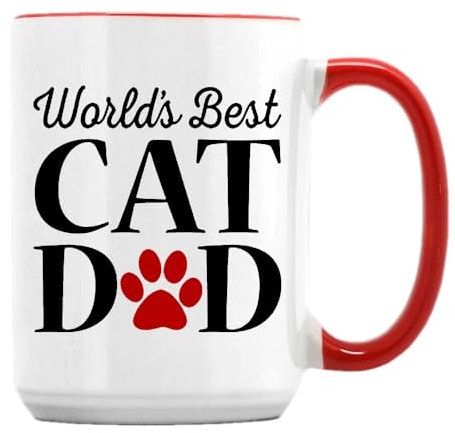 World's Best Cat Dad, Best Dad Gifts, Father's Day Gift, 15oz Ceramic Coffee, Tea Mug. (Red Inside)