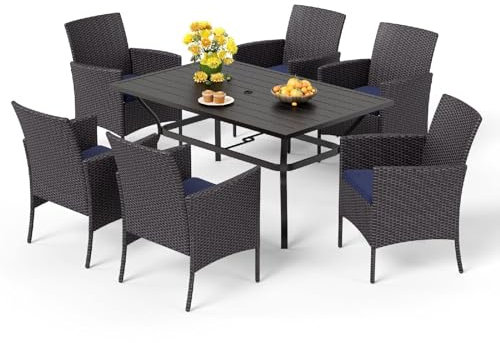 MFSTUDIO Rattan Gartenmöbel Set, Terassenmöbel Außen, Rechteckiger Gartentisch mit Verstellbarem Schirmloch(4-5cm), Polyrattan Sitzgruppe Wetterfest