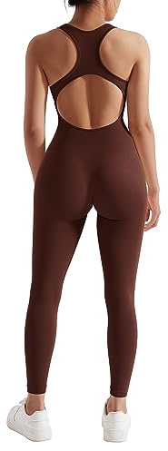 RXRXCOCO Gerippte Ärmellos Jumpsuits Damen Lang Eng Tank Rückenfreie Padded Einteiler Bauchweg Sport Yoga Overall Romper