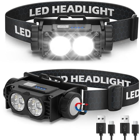 Hyted Lampe Frontale 2 Pièces,Lampe Frontale LED Ultra Puissante 2000 Lumens,Torche Frontale 3 Modes IPX5 Étanche Rechargeable USB,Pour Pêche,Camping,Cyclisme,Running (Noir)